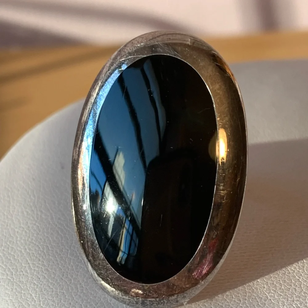 VINTAGE LARGE BLACK STONE RING 925 STERLING SILVER STATEMENT